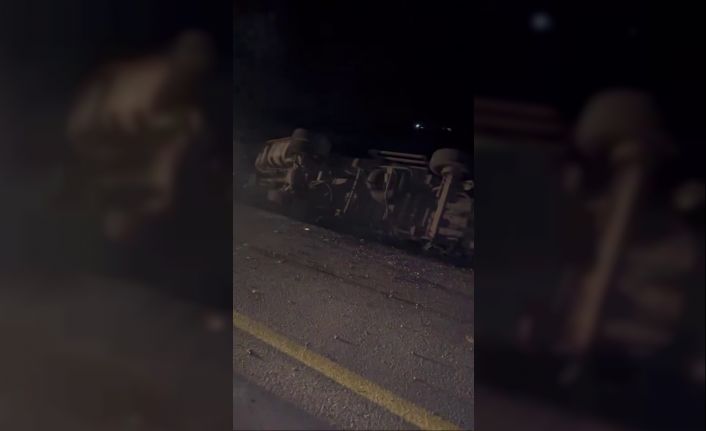 Kontrolden çıkan bir kamyon elektrik direğini yıkarak yol kenarına devrildi.