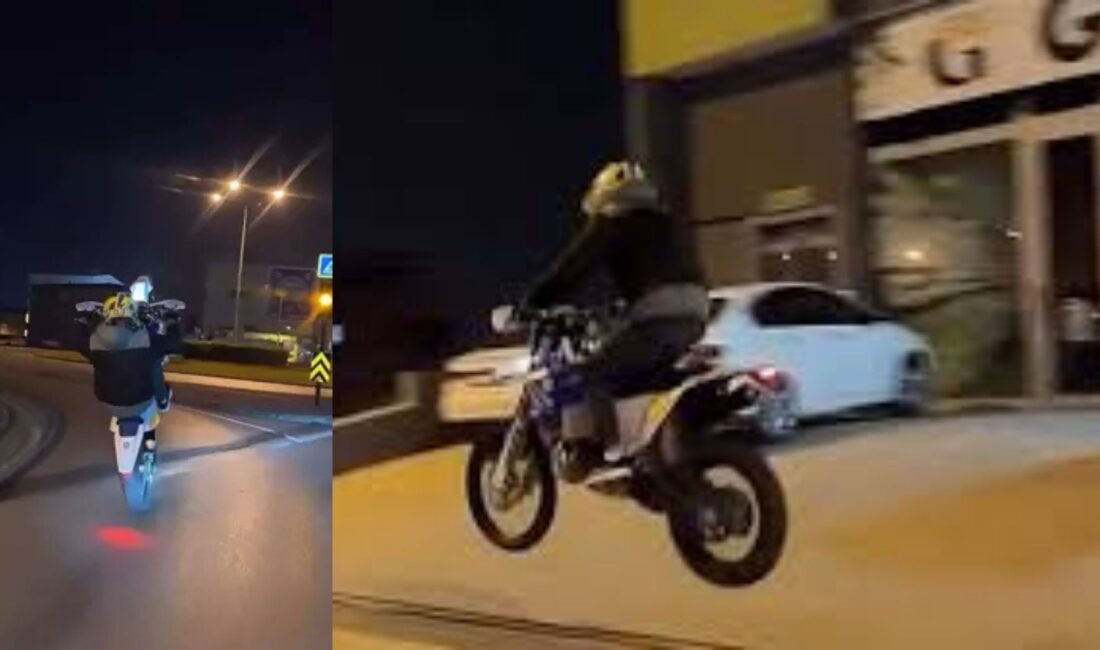 Bursa’da plakasız motosikletiyle tek teker üzerinde ilerleyen ve kaldırıma çıkarak