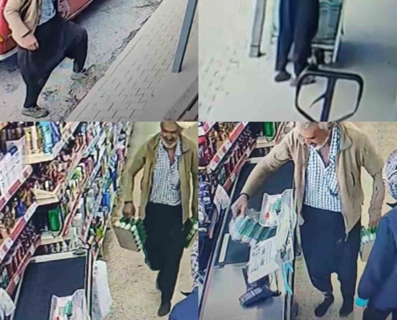 Tarlada çalıştığı için ayakkabıları çamurdu, onları çıkarıp çoraplarıyla markete girdi.