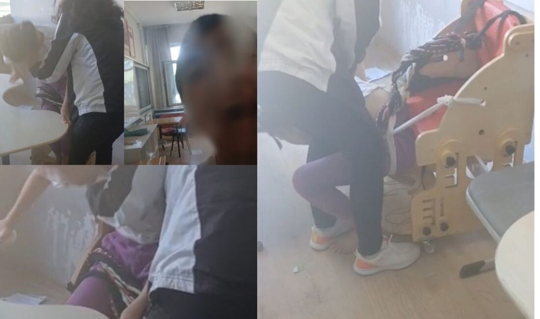 Bursa'da bir özel eğitim uygulama okulunda, otizmli öğrencilerin sıralara iple