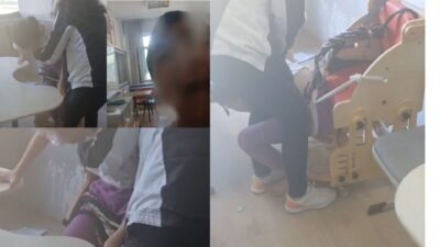 Bursa'da bir özel eğitim uygulama okulunda, otizmli öğrencilerin sıralara iple