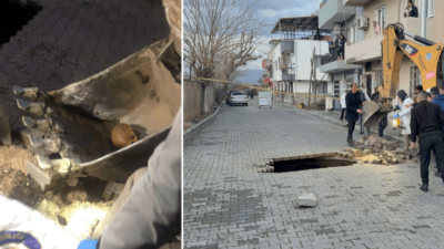 Manisa’nın Turgutlu ilçesinde sağanak yağış sonrası çöken yolda insan kafatası