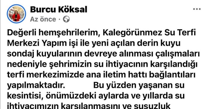 Afyonkarahisar Belediye Başkanı Burcu Köksal, kent genelinde yaşanan su kesintilerine