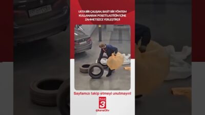 Usta bir çalışan, basit bir yöntem kullanarak poşeti lastiğin içine