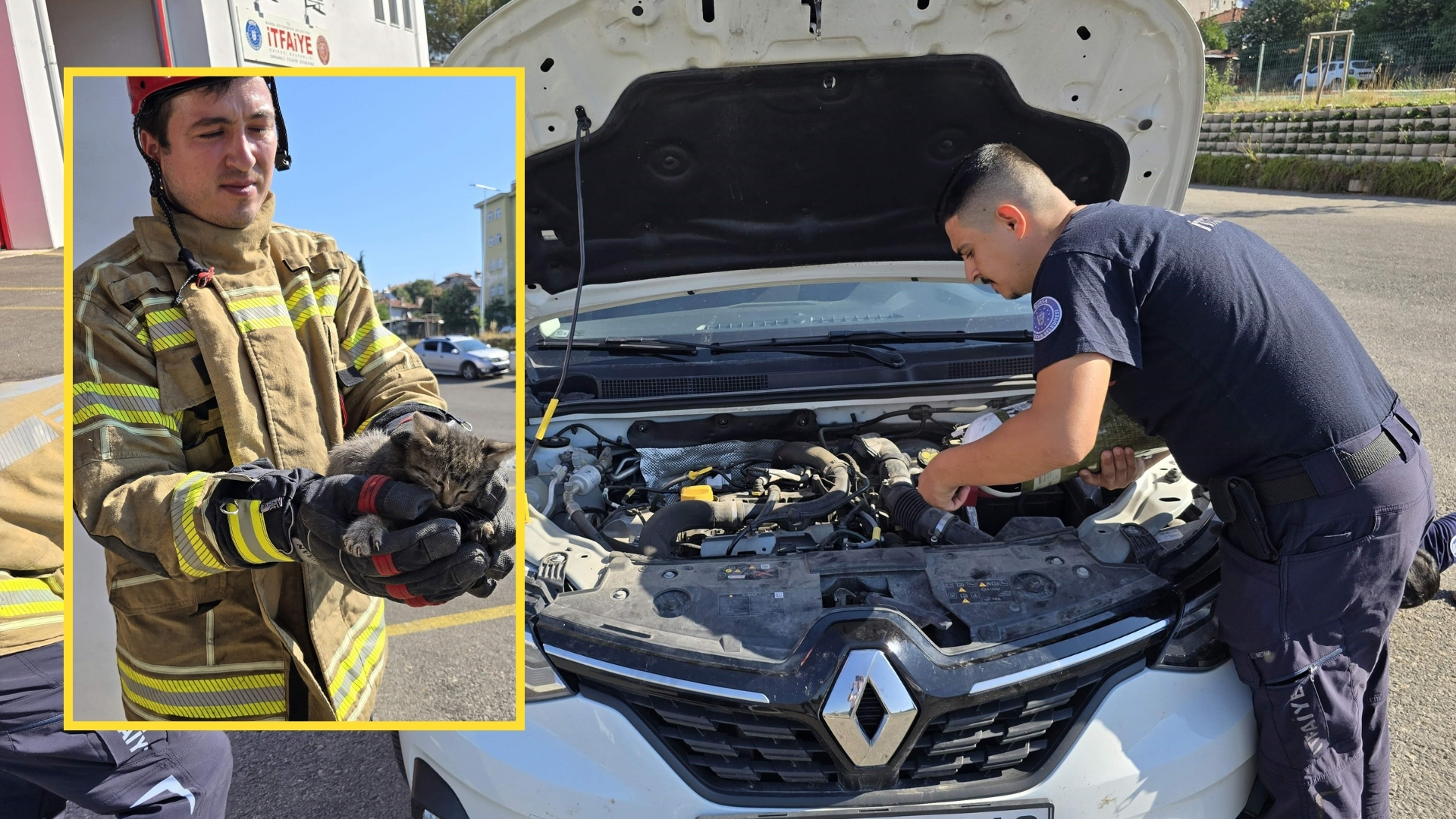 Bursa'da özel bir otomobilin motor kısmına girip sıkışan kediyi itfaiye