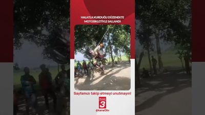 Halatla kurduğu düzenekte motosikletiyle sallandı… 📶https://kanal3.com.tr/ Sosyal Medya Hesaplarımızı Takip