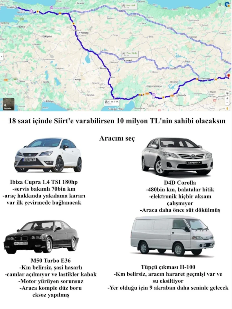 İstanbul’dan Siirt’e 18 saatte gidene 10 milyon TL: Hangi aracı seçerdiniz? 1 İstanbul’dan Siirt’e 18 saatte gidene 10 milyon TL: Hangi aracı seçerdiniz?