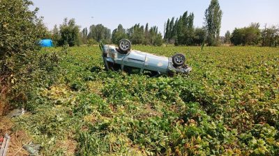 Afyonkarahisar’ın Şuhut ilçesinde, virajı alamayan otomobilin kontrolden çıkarak devrilmesi sonucu