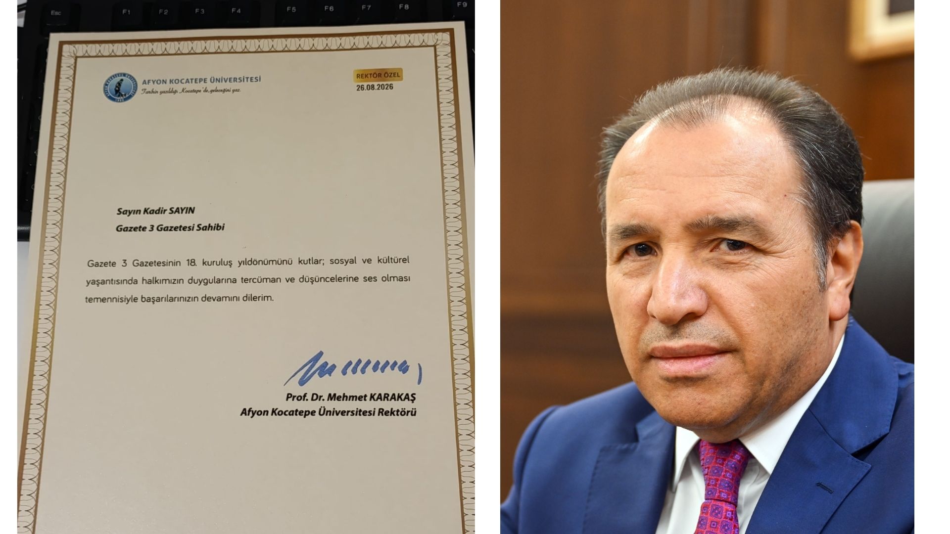 Afyon Kocatepe Üniversitesi Rektörü Prof. Dr. Mehmet Karakaş, Gazete 3'ün