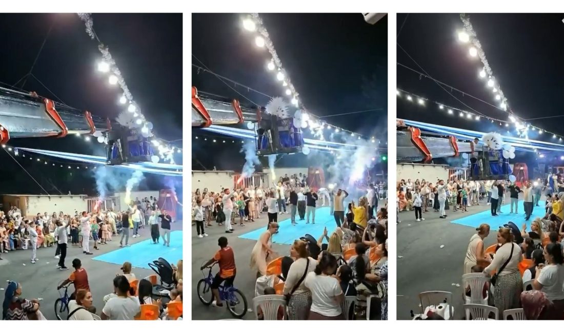 Bursa'da gelin ile damat, sahneye vinç ile indi. Katılımcılar hayretler
