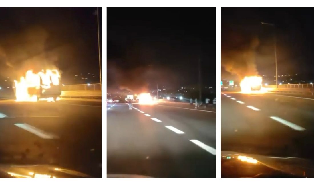TEM Otoyolu'nun Kocaeli geçişinde seyir halindeki minibüs alev alev yandı.
