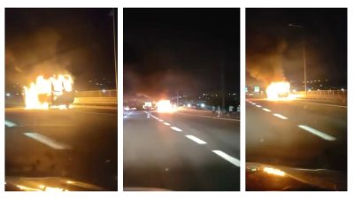 TEM Otoyolu'nun Kocaeli geçişinde seyir halindeki minibüs alev alev yandı.