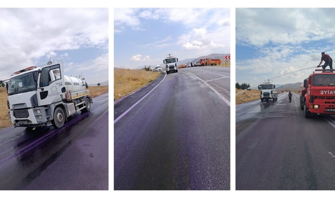 Afyonkarahisar’ın Dinar-Çay karayolunda yola dökülen kimyasal madde, yağmurun da etkisiyle