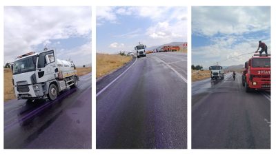 Afyonkarahisar’ın Dinar-Çay karayolunda yola dökülen kimyasal madde, yağmurun da etkisiyle