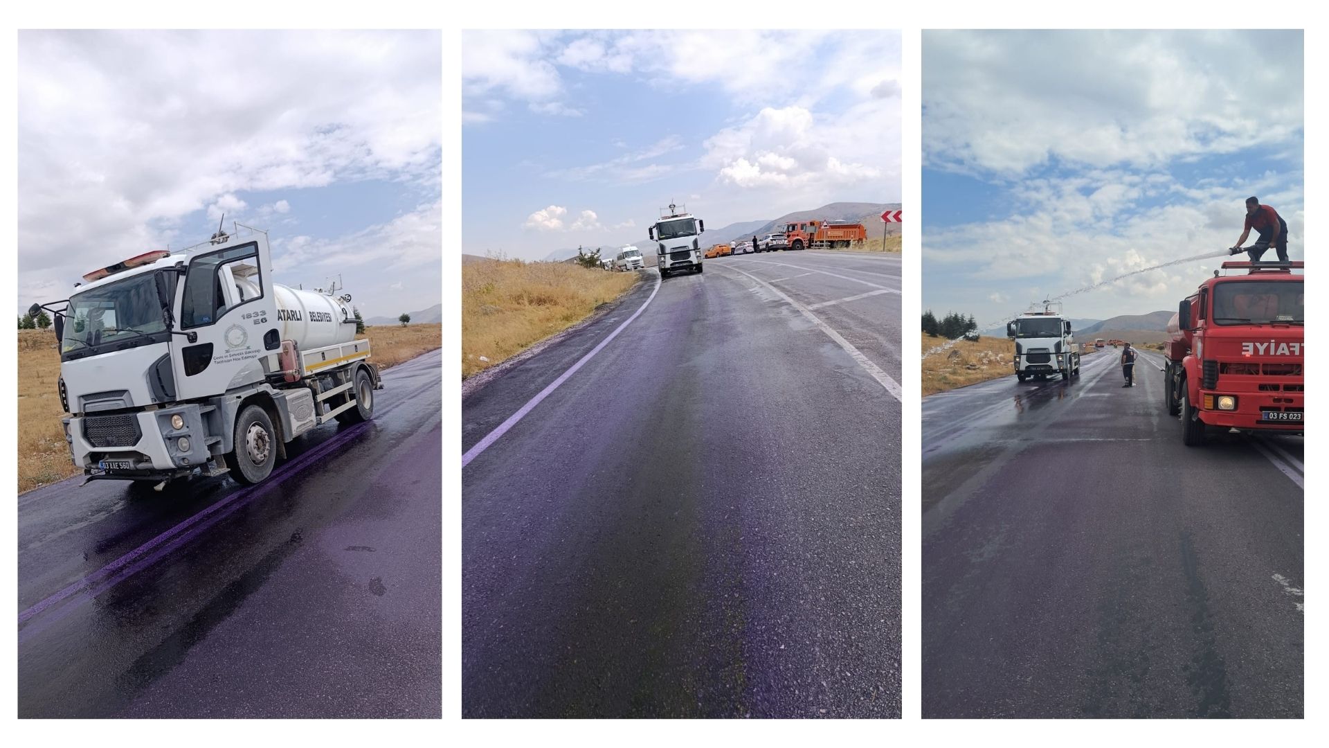 Afyonkarahisar’ın Dinar-Çay karayolunda yola dökülen kimyasal madde, yağmurun da etkisiyle