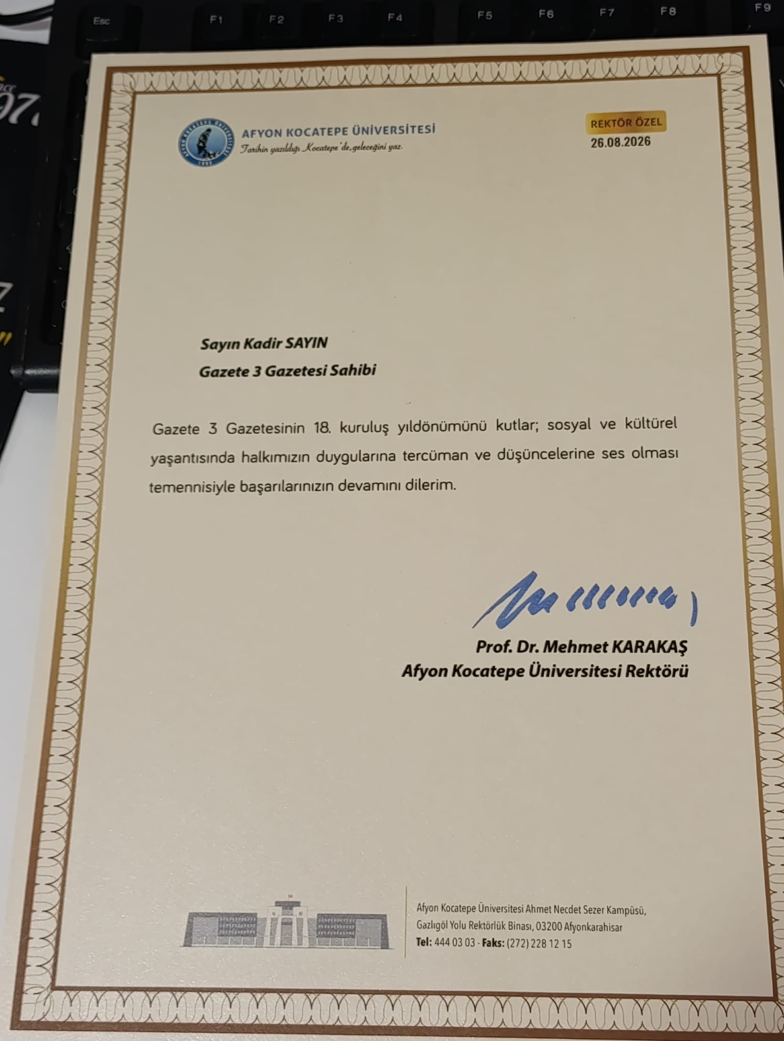Rektör Karakaş’tan Gazete 3’e tebrik mesajı 2 Rektör Karakaş’tan Gazete 3’e tebrik mesajı