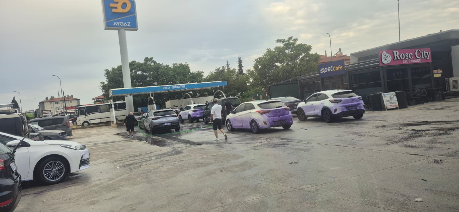 Yoldaki kimyasal araçları mora boyadı