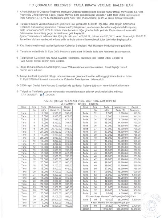 Çobanlar Belediyesi, mülkiyeti belediyeye ait olan toplam 60 tarlayı 1